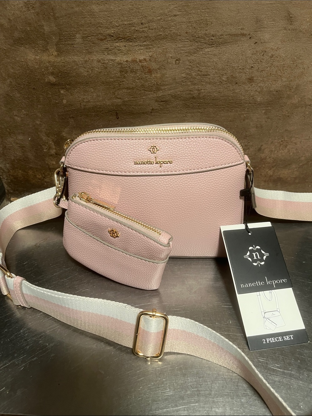 Nanette Lepore Pink 2-Piece Crossbody Set with Stripe Strap